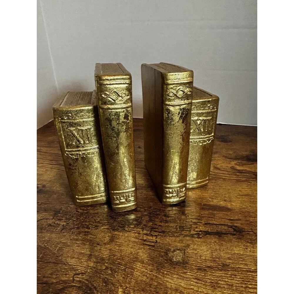 Vintage Gold Bookends Faux Books Roman Numeral Library Shelf Decor Set Pair of 2